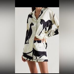 Olivia von Halle Black and Cream Cat Print Pajama Set, used, dry cleaned